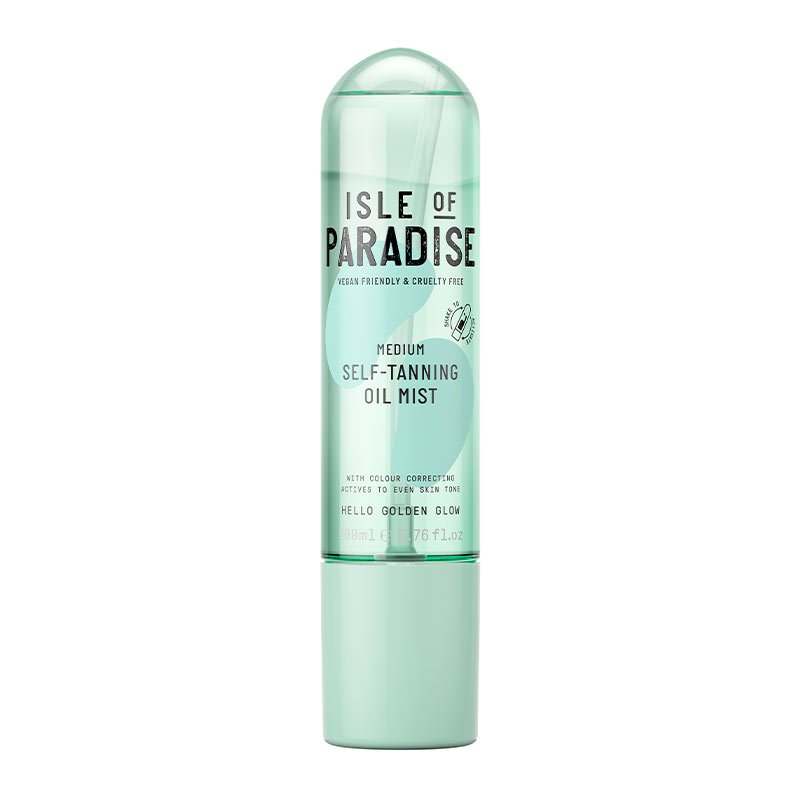 Isle of Paradise Self-Tanning Oil Mist | medium shade oil self tan mist | golden glow tan | hyaluronic acid tan | 