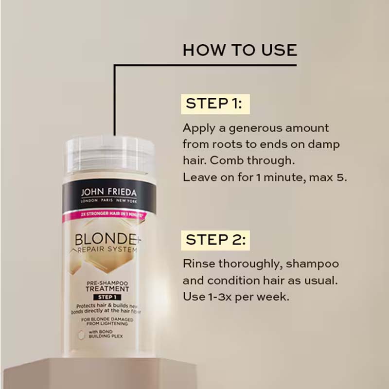 John Frieda Blonde+ Repair Treatment Steps and How to use image, step one is to apply and comb through, leave for 1 minute, Step two is to rinse thoroughly, shampoo and condition as normal, recommended to use one to three times per week