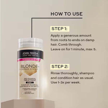 John Frieda Blonde+ Repair Treatment Steps and How to use image, step one is to apply and comb through, leave for 1 minute, Step two is to rinse thoroughly, shampoo and condition as normal, recommended to use one to three times per week