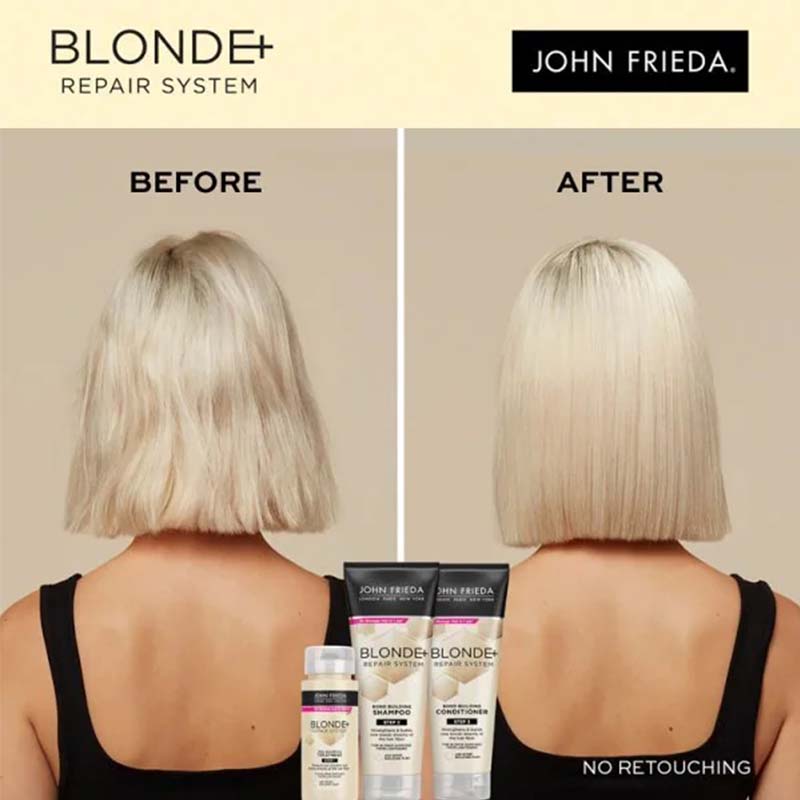 John Frieda Blonde+ Repair Treatment before and after image of straight dull blonde short hair to bright and shiny blonde hair