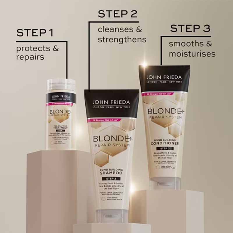 John Frieda Blonde+ Repair Treatment Image of the John Frieda three step routine with products of the Blonde and Repair System Range