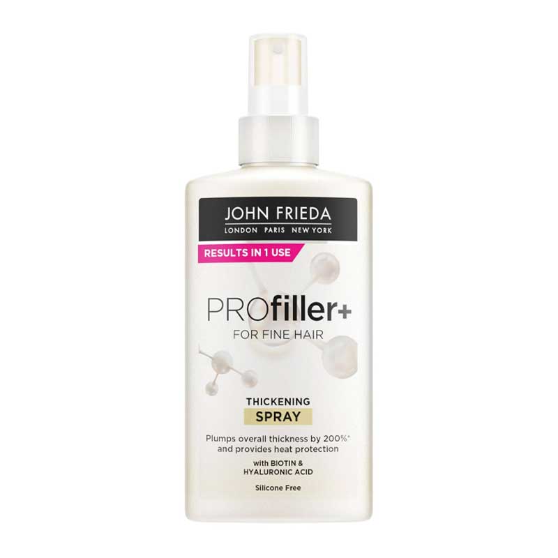 John Frieda PROfiller+ Thickening Spray | lightweight | styling | instantly creates | more hair | infused with Biotin | infused with Hyaluronic Acid | thicker | fuller | stronger | heat protection | promotes stronger hair | less breakage | boost | fine | thin hair