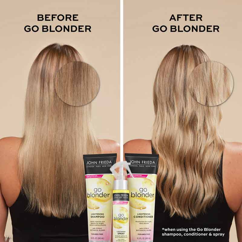 John Frieda Sheer Blonde Go Blonder Shampoo | luminous | shine | must-haves | deliver | lightest | brightest | ultimate-best | naturally | blonde | strengthening | toning | neutralizes | prevents brassiness | protection | enhanced