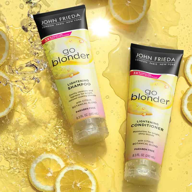John Frieda Sheer Blonde Go Blonder Shampoo | illuminated | sun-kissed color | strengthening | toning | neutralizes | prevents brassiness | protection | enhanced |