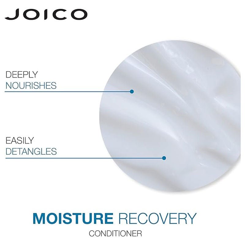 Joico Moisture Recovery Conditioner promotional graphic on a white background, featuring a circular close-up of soft white hair fibers with text reading 'DEEPLY NOURISHES' and 'EASILY DETANGLES'.