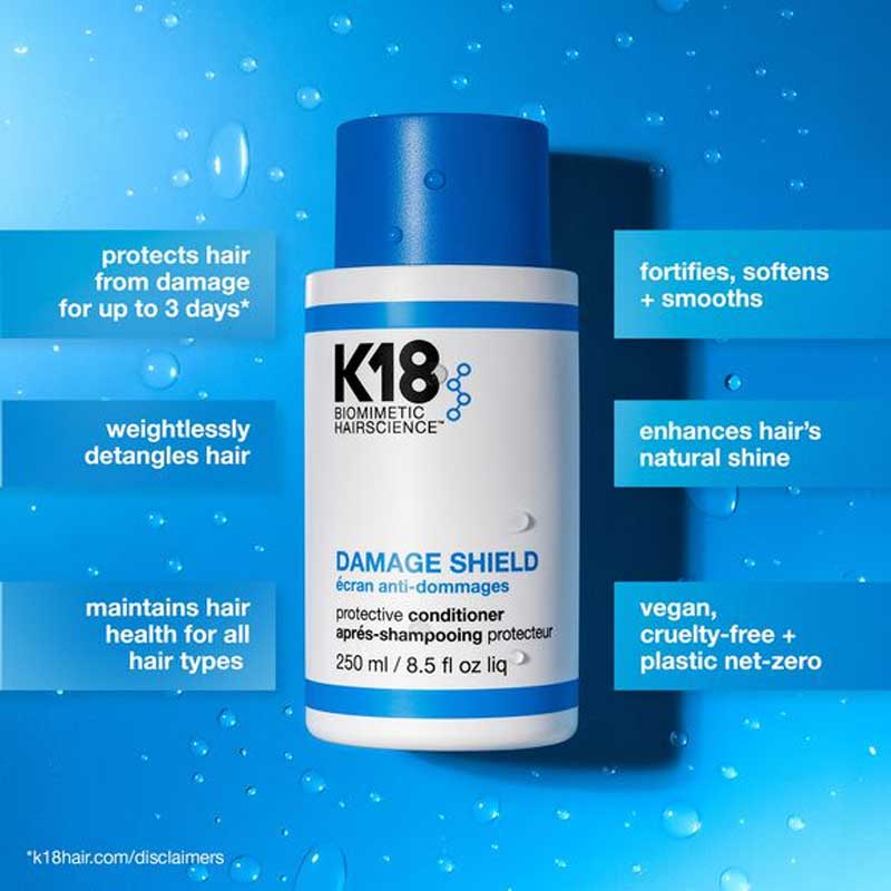 K18 Damage Shield | Protective Conditioner | UV rays | environmental aggressors | mechanical styling | K18Peptide™ | replenishes protein | fortified hair | soft | smooth | detangled