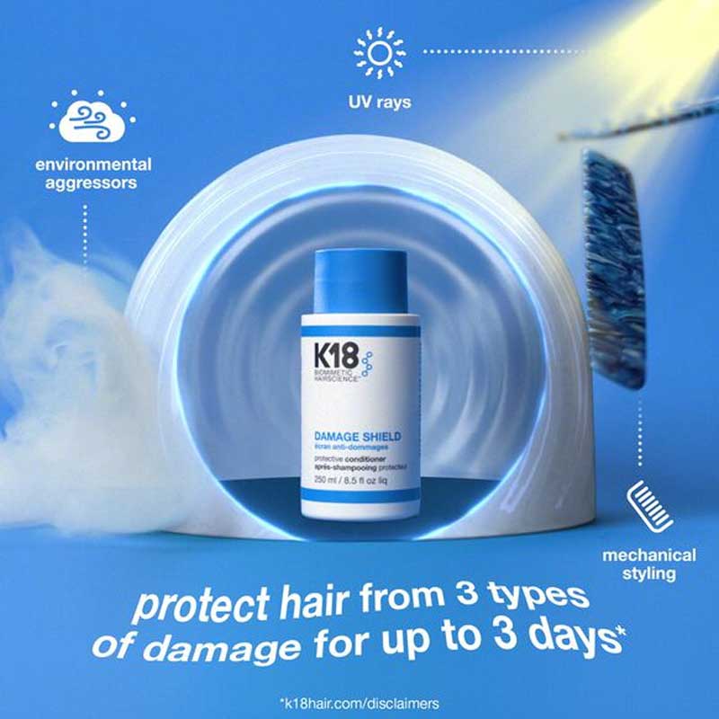 K18 Damage Shield | Protective Conditioner | UV rays | environmental aggressors | mechanical styling | K18Peptide™ | replenishes protein | fortified hair | soft | smooth | detangled