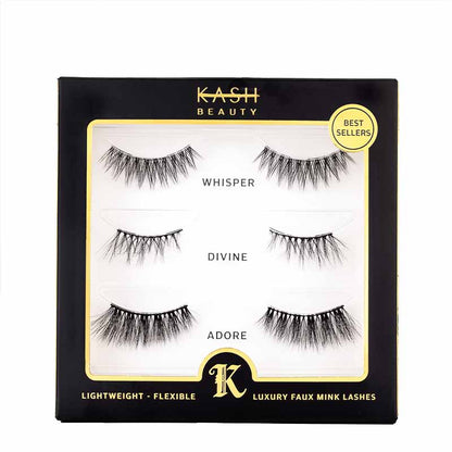 Kash Beauty Eternal Treasure Trio Lashes |  three unique pairs | fan favorite lashes | Whisper | Divine | Adore | lightweight lashes | rewearable | up to 15-20 times 