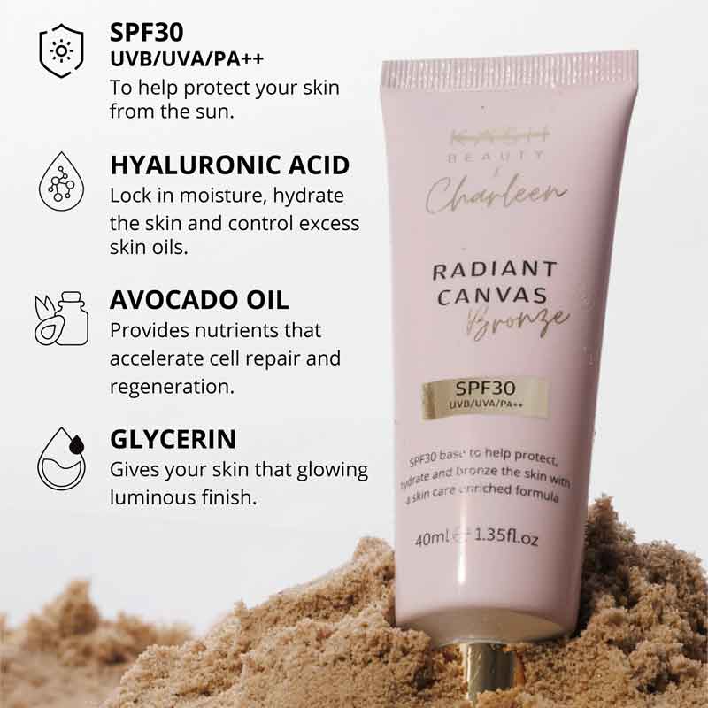 KASH Beauty x Charleen Radiant Canvas Bronze Primer SPF 30 Ingredients Infographic