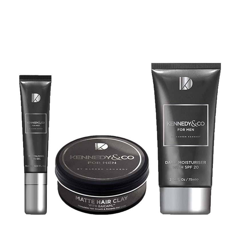 Kennedy & Co Men's Gift Set: Moisturiser, Eye Gel & Hair Clay | christmas gift for men | male skincare gift