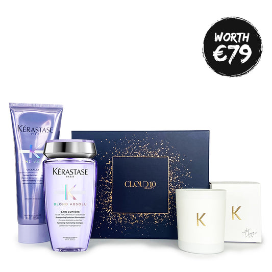 Kérastase | Blond Absolu | Gift Set | 3 full-size | | Bain Lumiere | Hydrating | Illuminating Shampoo | Cicaflash | Intense | Fortifying | Treatment | gorgeous candle | hydrating | illuminating | gift | lightweight | Hyaluronic Acid | Edelweiss Flower | shield | nourished | radiant 