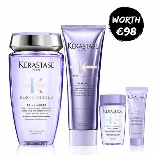 Kérastase Blond Absolu Home & Away Bundle | Includes Bain Lumiere Hydrating Illuminating Shampoo and Cicaflash Intense Fortifying Treatment | Gently cleanses and hydrates | Strengthens, softens, and restores lightened hair | Travel-sized versions included