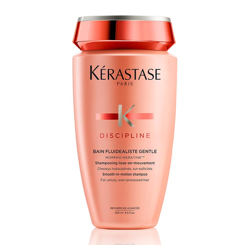 Kérastase Discipline Bain Fluidealiste Gentle Shampoo | protects sensitized or colour-treated hair | fights frizz and humidity for up to 72 hours | gently cleanses | pro-keratin formula restores hair's integrity | natural movement, soft texture, frizz-free finish.