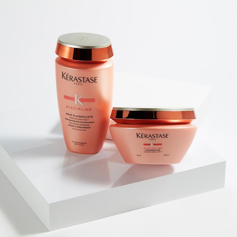 Kérastase Discipline Maskeratine Smooth-In-Motion Masque | deep treatment | designed for thick, unruly hair | restores hair's fiber | unbeatable anti-frizz protection | softer, easier to detangle | ready for effortless styling.