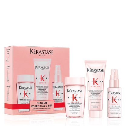 Kérastase Genesis Essentials Set | Anti Hair-Fall Ritual | weakened hair | prone to falling | breakage | discovery set | shampoo | conditioner | blow-dry spray | Aminexil | Edelweiss native cells | Ginger roots | fortify | nourish