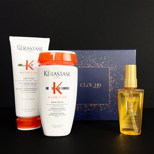 Kérastase | Nutritive | Gift Set | 3 | luxurious | soft | shiny | revitalized | Nutritive Bain Satin | Hydrating Shampoo | Nutritive Lait | Vital High | Nutrition | Ultra-Light | Detangling Conditioner | Elixir Ultime L'Huile | Originale | Versatile | Beautifying Oil | work quickly | replenish | nourish | dry | damaged hair