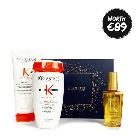 Kérastase | Nutritive | Gift Set | 3 | luxurious | soft | shiny | revitalized | Nutritive Bain Satin | Hydrating Shampoo | Nutritive Lait | Vital High | Nutrition | Ultra-Light | Detangling Conditioner | Elixir Ultime L'Huile | Originale | Versatile | Beautifying Oil | work quickly | replenish | nourish | dry | damaged hair