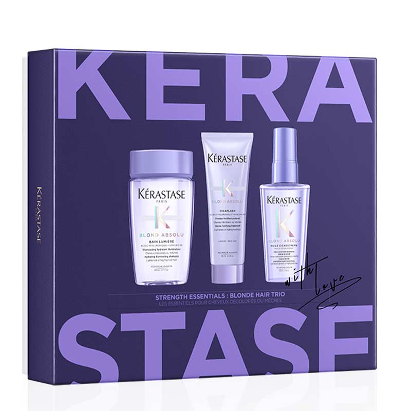 Kérastase Strength Essentials: Blonde Hair Trio Gift Set | ultimate gift | lightened, highlighted, grey hair | luxurious trio | hair care essentials | blonde locks | gleaming | shine | holiday season.
