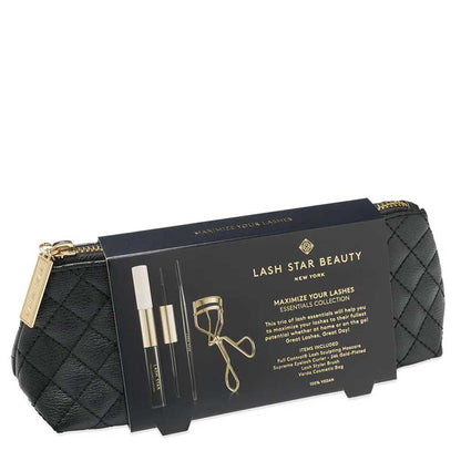 Lash Star | Beauty | Maximize | Lashes | Essentials | Collection | Gift Set | trio | best selling | perfecting | Control | Sculpting | Mascara | spotlight | defining | volumizing | dual-ended brush | Supreme | Curler | 24k Gold Plated | curl | silicone wand | flexible teeth | styling | guiding | vegan | leather | Varda | Cosmetic