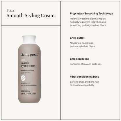 Living Proof No Frizz Smooth Styling Cream | controls frizz | conditions | long-lasting smoothness | shine | no silicone | frizz control | radiant results
