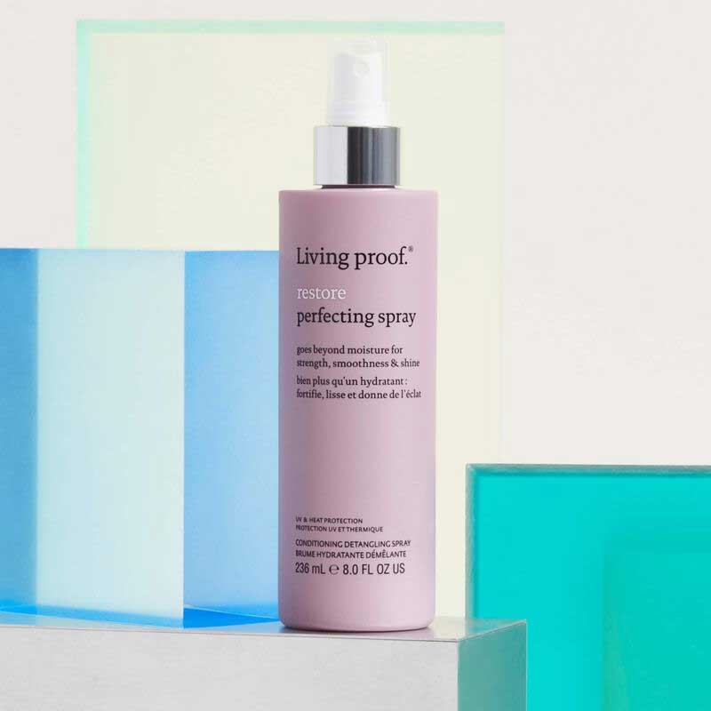 Living Proof Restore Perfecting Spray | conditioning detangler | softens | strengthens | heat protection | 450°F | 232°C.