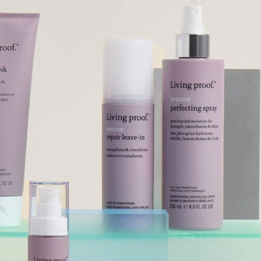 Living Proof Restore Repair Leave-In | prevent | 93% of styling-induced split ends | amplifies | hair strength | 15-fold | single application.