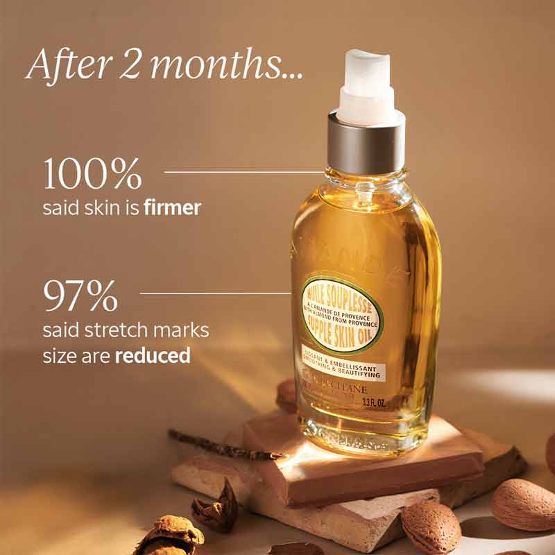 L'OCCITANE Almond Supple Skin Oil, skin firming body moisturiser, reduce stretch marks