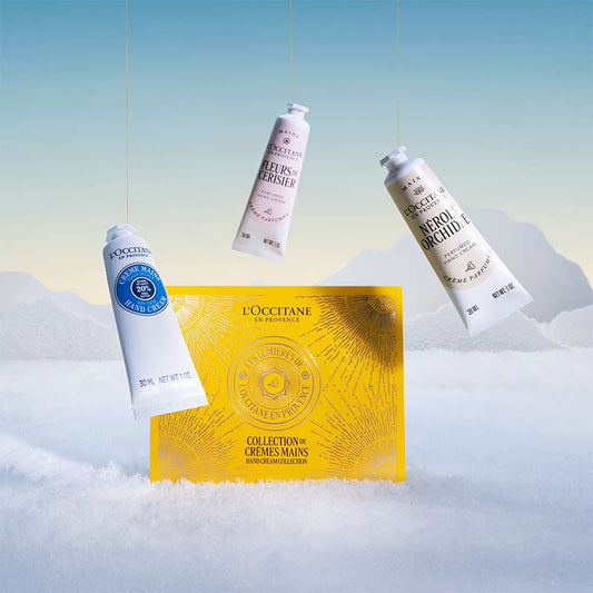 L'OCCITANE Floral Hand Cream Trio Gift Set Stylised Ad Image Of Gift Box And Three Products In Snow Scene