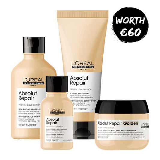 L'Oreal Professionnel Absolut Repair Home and Away Bundle | Includes Absolut Repair Shampoo, Conditioner, and Mask | Revives damaged hair, strengthens, protects, and nourishes