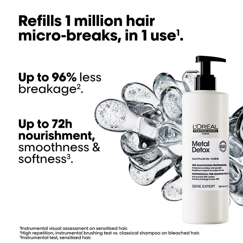 L'Oréal Professionnel Metal Detox Anti-Porosity Filler Pre-Shampoo Treatment | targets hair breakage | repairs porous hair | prevents color fade | 2% Glicofiller | provides instant detangling | intense hydration for up to 72 hours | lightweight | suitable for all hair types