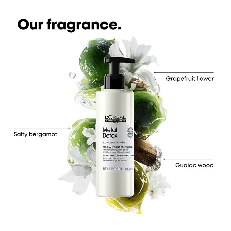 L'Oréal Professionnel Metal Detox Anti-Porosity Filler Pre-Shampoo Treatment | targets hair breakage | repairs porous hair | prevents color fade | 2% Glicofiller | provides instant detangling | intense hydration for up to 72 hours | lightweight | suitable for all hair types