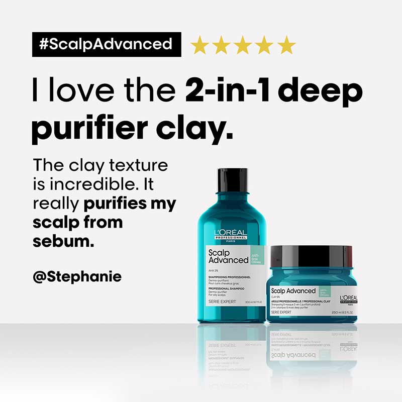 L'Oréal Professionnel Serié Expert Scalp Advanced Anti-Oiliness 2-in-1 Deep Purifier Clay Hair Mask | remove sebum from scalp | clay texture shampoo and conditioner for oily hair