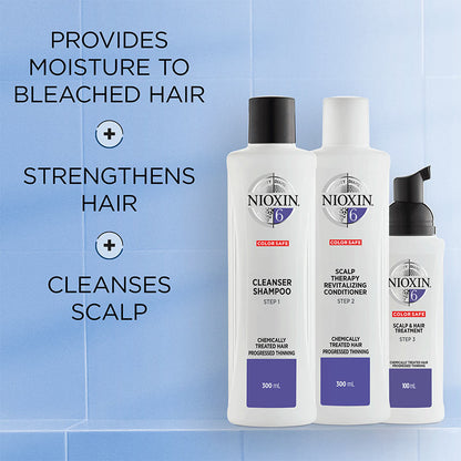 Nioxin | System 6 | Three Part | Loyalty Kit | coloured hair | progressed thinning | intensive hair thickening | scalp | haircare | shampoo | conditioner | leave in treatment | texture | chemically treated hair | intense moisturising | protect | promote growth