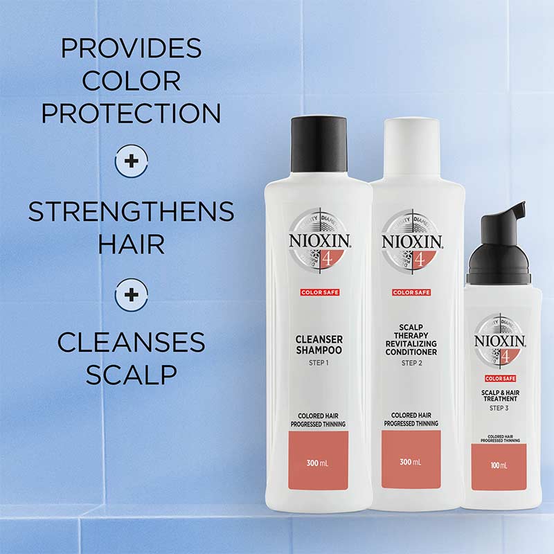 Nioxin | System 4 | Three Part | Loyalty Kit | coloured hair | thinning | hair thickening | full size | fuller hair | conditions | hair growth | caring 