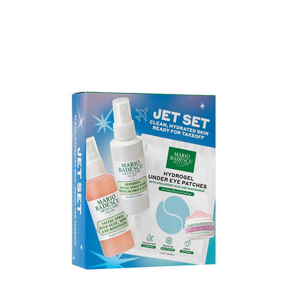 Mario Badescu Jet Set skincare set in its retail box, featuring a facial cleanser, eye under gel, and hydrogel under eye patches on a white background.