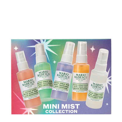 Mario BaDESCU Skin Care Mini Mist Collection set of six facial mists in assorted colors, displayed on a colorful gradient background with starburst graphics.
