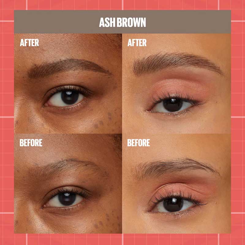Maybelline Build-A-Brow 2-in-1 Brow Pen & Gel | Fuller brows in 2 easy steps | Ultra-precise pen for realistic hair-like strokes | Clear sealing gel for long-lasting hold | Waterproof and sweat-resistant | Up to 24-hour wear | Ash Brown Before & After 