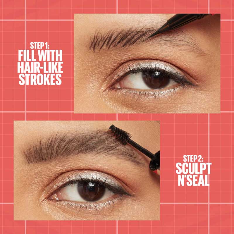 Maybelline Build-A-Brow 2-in-1 Brow Pen & Gel | Fuller brows in 2 easy steps | Ultra-precise pen for realistic hair-like strokes | Clear sealing gel for long-lasting hold | Waterproof and sweat-resistant | Up to 24-hour wear | 2 steps 
