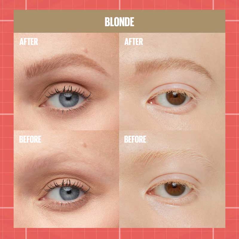 Maybelline Build-A-Brow 2-in-1 Brow Pen & Gel | Fuller brows in 2 easy steps | Ultra-precise pen for realistic hair-like strokes | Clear sealing gel for long-lasting hold | Waterproof and sweat-resistant | Up to 24-hour wear | Blonde Before & After