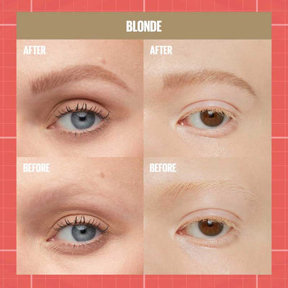 Maybelline Build-A-Brow 2-in-1 Brow Pen & Gel | Fuller brows in 2 easy steps | Ultra-precise pen for realistic hair-like strokes | Clear sealing gel for long-lasting hold | Waterproof and sweat-resistant | Up to 24-hour wear | Blonde Before & After