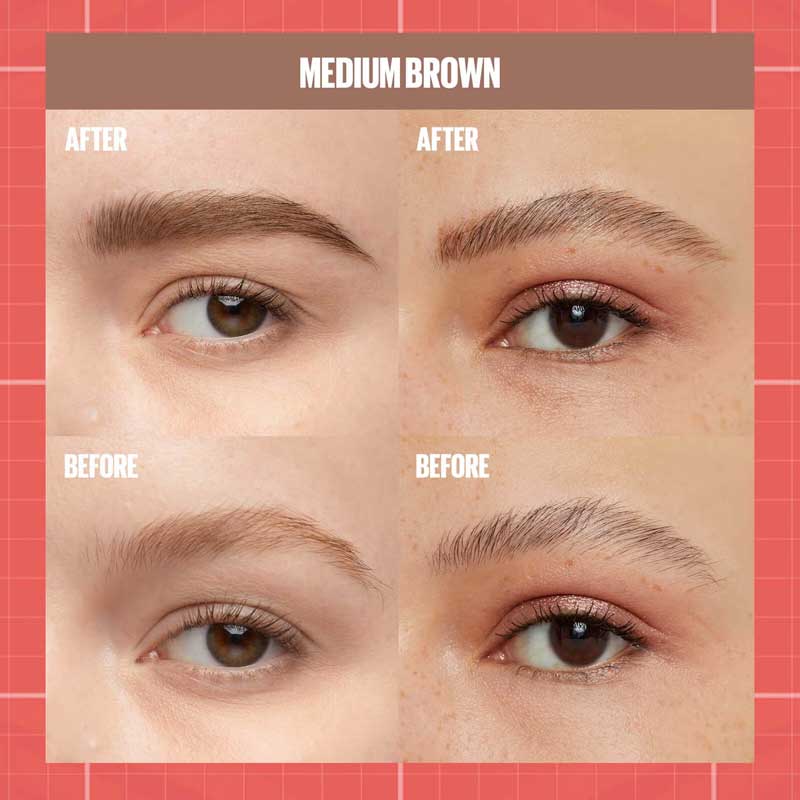 Maybelline Build-A-Brow 2-in-1 Brow Pen & Gel | Fuller brows in 2 easy steps | Ultra-precise pen for realistic hair-like strokes | Clear sealing gel for long-lasting hold | Waterproof and sweat-resistant | Up to 24-hour wear | Soft Brown Before & After 