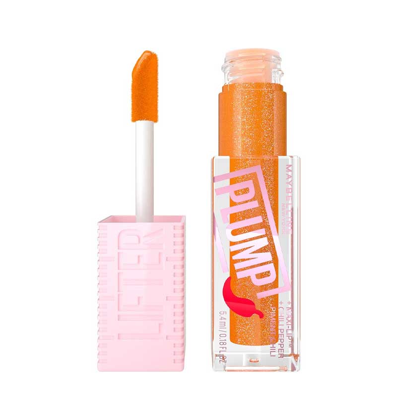 Maybelline Lifter Plump Lip Gloss | Provides intense heat and visible plumping effects | Hydrating formula with a radiant tinted sheen | Creates a tingling sensation for a fuller-looking pout | Powered with chili pepper, Maxi-Lip technology, and hyaluronic acid | Moisturizes and conditions lips | Available in a range of shades