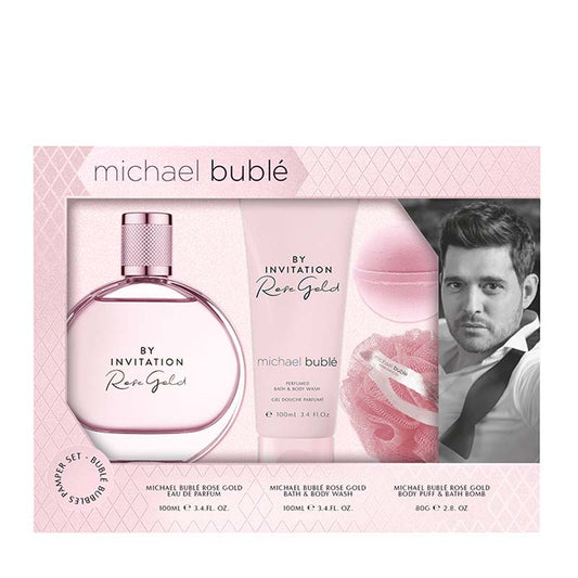 Michael Bublé | Invitation | Rose Gold | Pamper | Gift Set | Rose Gold | Eau De Parfum | scented | bath bomb | body wash | body puff | elegant | rose gold | floral | oriental | fragrance | magnolia | red fruits | rose | peony | praline | vanilla base | charming | feminine | scent
