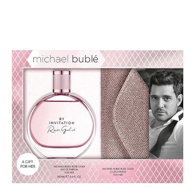  Michael Bublé | By Invitation | Rose Gold | Duo | Gift Set | floral | feminine | Eau De Parfum | chic | sequin-embellished | Rose Gold | Clutch | perfume | blends | magnolia | rose | peony | praline-vanilla | elegant | clutch | glamour 