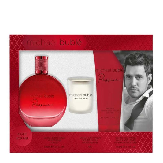 Michael Bublé | Passion | Eau de Parfum | seductive | blend of jasmine | violet | heliotrope | sandalwood | liquorice | sensuality | allure | fruity notes | floral | captivating | rich | floral | woody | aroma | giftset | candle | hand | body | lotion