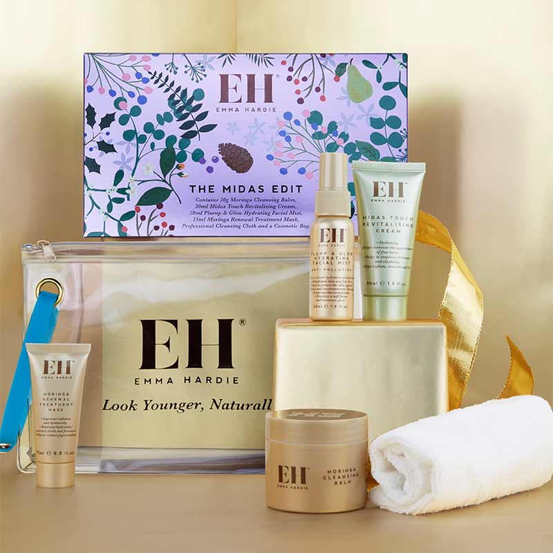 Emma Hardie | The Midas Edit | Skincare Essentials | Travel-Friendly Minis | Best-Selling Moringa Balm | Midas Touch Revitalizing Cream | Plump & Glow Hydrating Face Mist | Moringa Renewal Treatment Mask | Dual-Action Cleansing Cloth | Chic Cosmetics Bag | On-the-Go Pampering