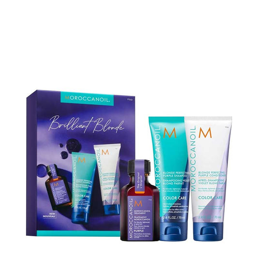 Moroccanoil | Treatment Purple Discovery Kit | purple shampoo | purple conditioner | purple treatment | full hair care routine | salon fresh results | neutralises brassy tones | neutralises yellow tones | neutralises orange tones | violet pigments | nourishes hair | repairs hair | icy blonde hair | cool toned blonde hair | highlighted hair | lightened brunette hair | silver hair | grey hair