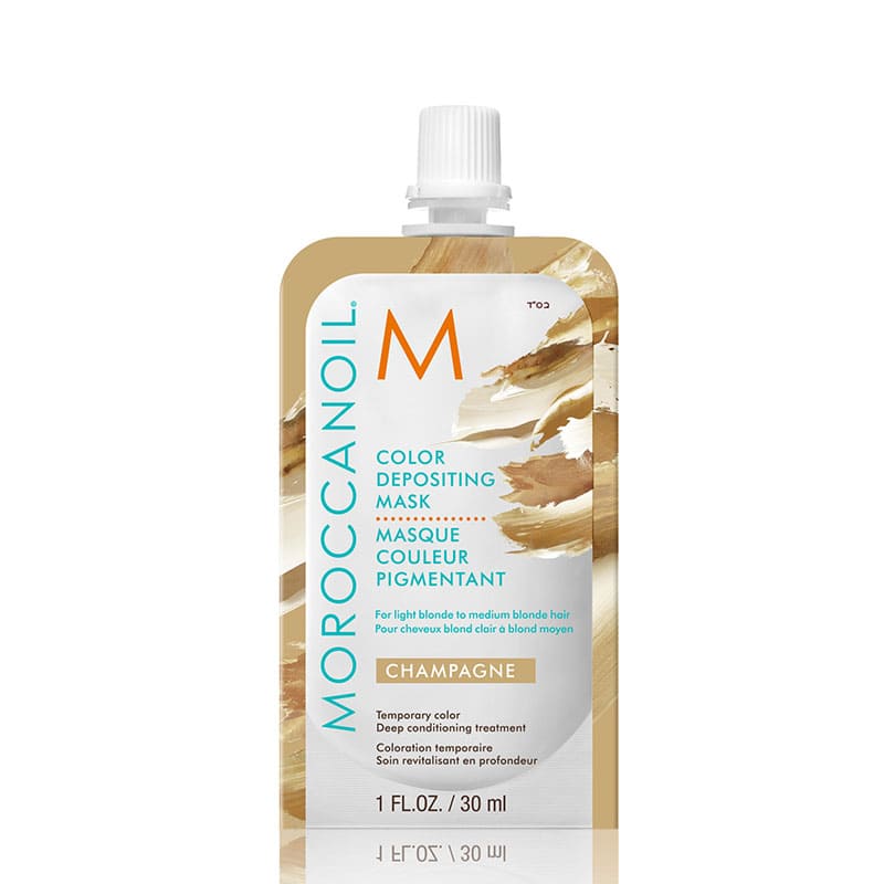 Moroccanoil Champagne Colour Depositing Mask | temporary hair color | treatment benefits | deep conditioning mask | light blonde | medium blonde hair.