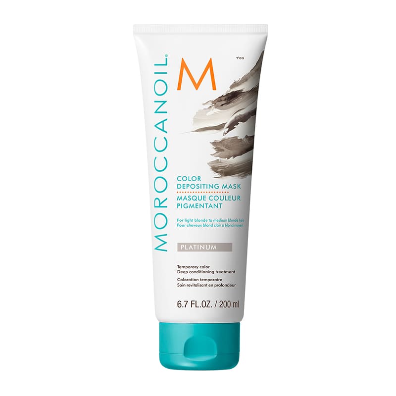 Moroccanoil Platinum Colour Depositing Mask | cool platinum tones | light to medium blonde hair | dual-benefit mask | temporary color enhancement | deep conditioning | salon quality result.