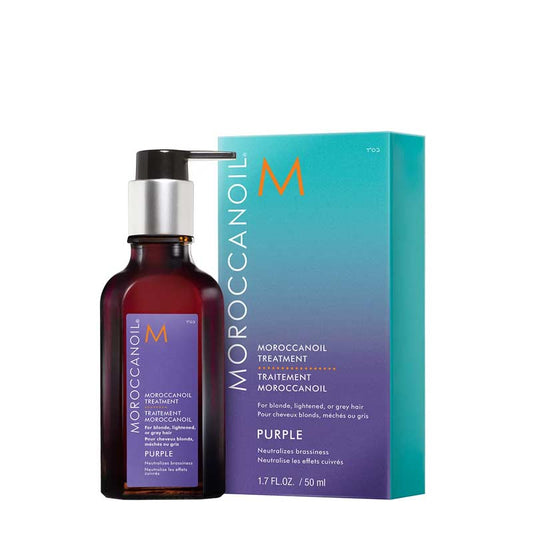 Moroccanoil | Treatment Purple 50ml | neutralises yellow tones | neutralises brassiness | blonde hair | highlighted hair | silver hair | grey hair | argan oil | violet pigments | lightweight formula | corrects yellow tones | smooths hair | detangles hair | nourishes hair | brightens hair | salon-fresh results